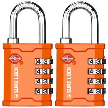 Imagem de SURE LOCK Cadeado de bagagem com combinação grande de 4 escavações TSA aceito com cadeado de viagem todo de metal para equipamento estojo rígido estojo de arma de bagagem armário de academia trava de pelicano para cofre (2, laranja)