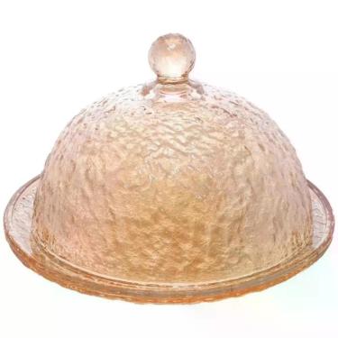 Imagem de Queijeira Martelados Âmbar 14x10cm para Queijos e Aperitivos em Vidro com Design Trabalhado para Mesa Posta Laranja