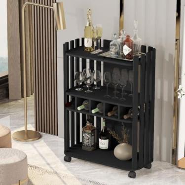 Imagem de Aparador Luxo Com Adega Ripado 59cm – Balcão Bar Estreito MDF 82cm Altura – Design Sala de Jantar/Estar (Preto)