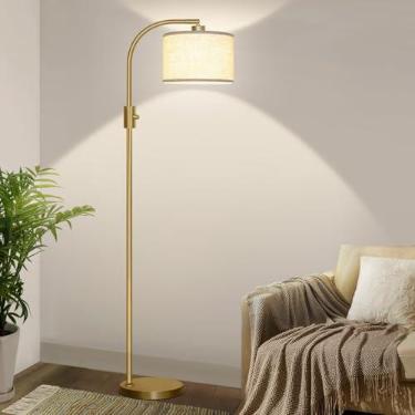 Imagem de Nintiue Candeeiro de chão moderno atualizado de arco regulável alto com sombra de linho, lâmpada LED de 1200 lúmens incluída, para sala de estar e leitura, quarto, escritório e berçário, ouro