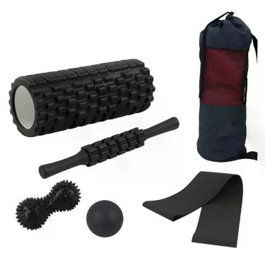 Imagem de Kit Yoga 5 Peças Com Bastão, Foam Roller, Bola, Faixa Elástica E Bolsa – Alongamento, Treino E Recuperação - Preto