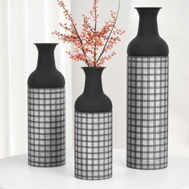 Imagem de Vasos grandes de chão, conjunto de 3 vasos gigantes de metal, vaso vintage para sala de estar, vasos de chão grandes para lareira, corredor, canto, escritório, 60 cm, (preto)