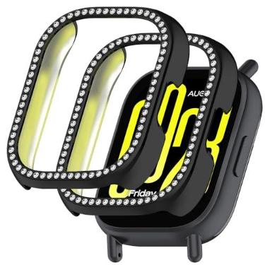 Imagem de Acddeny [2 peças] Diamante com glitter para xiaomi redmi Watch 5 lite, capa de policarbonato rígido com capa protetora brilhante, acessórios para smartwatch para mulheres e meninas, preto