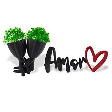 Imagem de Vaso bob Casal + Palavra AMOR 3D + plantas, Kit para Decoração Sala Quarto com Plantas Artificiais Pick e Pimenta (Preto)