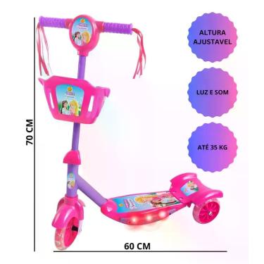 Imagem de Patinete Infantil Musical Princesa 3 Rodas Luzes E Cestinha Rosa/viole