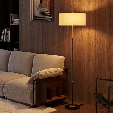 Imagem de Karjoefar Luminária de chão de 2 luzes, luminária de chão de meados do século com sombra de tecido branco, lâmpada de pé para sala de estar e quarto, lâmpada de 3 temperaturas de cor 9W inclui