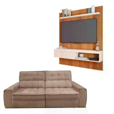 Imagem de Kit Sofá 3 Lugares Retrátil e Reclinável América com Painel para TV Esmeralda Bege Estofados Matielo