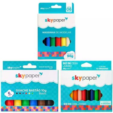 Imagem de Kit Brinquedo Educativo com Massinha de Modelar e Giz de Cera Jumbo e Guache em Bastão Multicolorido com 6 e 12 Cores