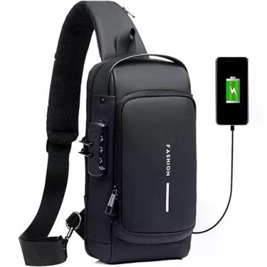 Imagem de Pochete Transversal FG com Cadeado e Porta USB em Poliéster e PU 32X18X8CM Preto Unissex
