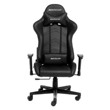 Imagem de MAX RACER - Cadeira Gamer Aggressive - Poltronas Gamer de Aço, Cadeira Ergonômica para Jogos -Até 150kg, Giratória, Braços 1D, Tecido Sintético PVC, Inclinação 180°, Almofada Cervical e Lombar- Preta