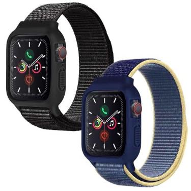 Imagem de Pulseira de nylon com capa de 2 peças compatível com Apple Watch de 46 mm, 45 mm, 44 mm e 42 mm, amortecedor de silicone com pulseira esportiva para séries 11/10/9/8/7/6/5/4/SE/SE2/SE3, preto +