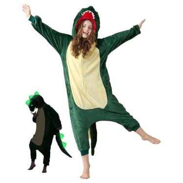 Imagem de Tailwaggz Pijamas de macacão de animal adulto, fantasias de cosplay de Halloween que brilham no escuro, roupa de dormir de uma peça para mulheres e homens, Dinossauro, GG
