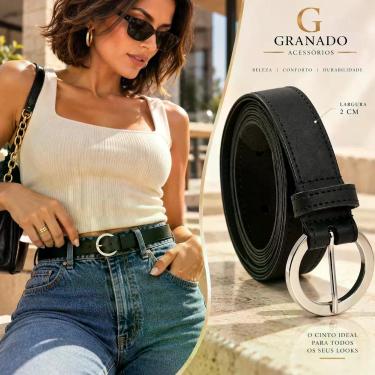Imagem de Cinto de Couro Feminino Fivela Redonda Prata Preto Casual Elegante - G
