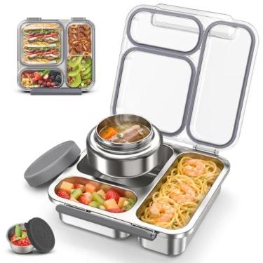 Imagem de Caixa Bento de Aço Inoxidável Infantil Adulto com Sopa Térmica de 200 ml, Tampa Transparente, 3 Compartimentos, Lancheira Bento de Metal com Jarra de Alimentos Isolada, Lancheira Recipiente Copo de