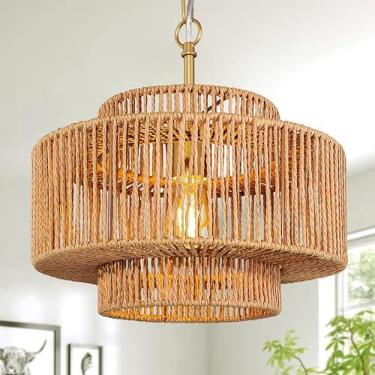 Imagem de Bagood Lustre De Vime De 12,4" 1 Luz Pendente De Vime Trançado Luminária Pendente De Vime Boho Luminária De Lustre De Fazenda Luminária De Lustre De Vime De Tambor De 3 Camadas Lustre Dourado De Vim