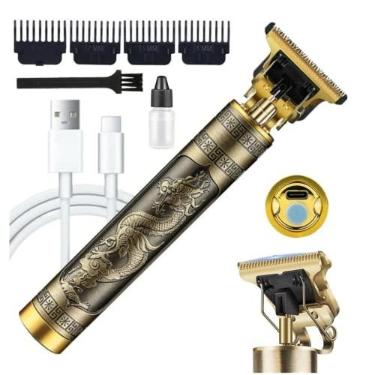 Imagem de Máquina Maquininha de Cortar Cabelo Barbear Detalhe Pezinho Acabamento Dragão Vintage Profissional Recarregável USB Kit