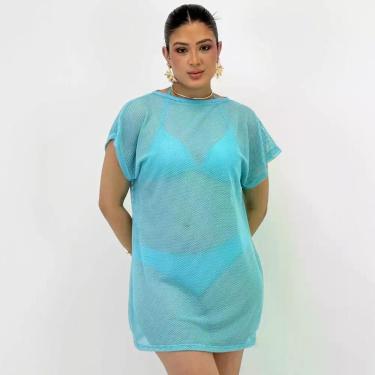 Imagem de Saída de Praia Sabrieli Vestido Manga Curta Feminina, M, Azul claro