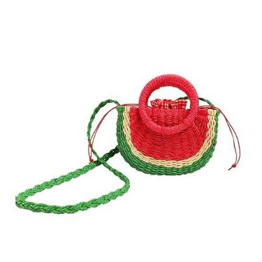 Imagem de QTKJ QTKJ Mini bolsas semicírculo de palha de vime, bolsa feminina tecida à mão de palha retrô de verão melancia design bonito bolsa de ombro bolsa transversal alça redonda, Vermelho e verde