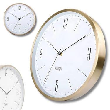 Imagem de Relógio de Parede Silencioso Dourado em Alumínio Decorativo Minimalista Moderno Cozinha Quarto Sala Escritório Redondo Fundo Branco Ponteiro de Segundos Contínuo