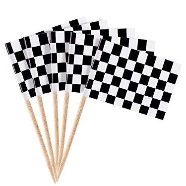 Imagem de Pacote com 100 mini bandeiras xadrez com acabamento de linha de cupcake Toppers decoração de festa conjunto de palhetas (6,35 cm de altura)