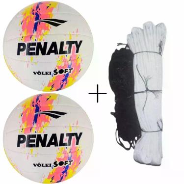 Imagem de Kit Vôlei 2 Bolas Soft X Costuradas com Rede Master Seda 5m Rosa e Preto Penalty