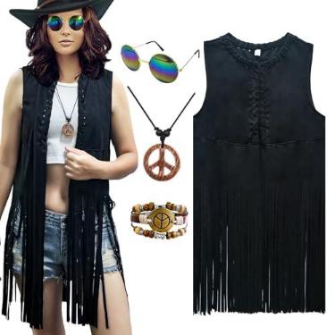 Imagem de ATAMET Roupas femininas hippie dos anos 60 e 70 com franjas, colete de camurça sintética com borla, faixa de cabeça boêmia para festa hippie, Preto, XX-Large
