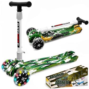 Imagem de Patinete de Metal Reforçado Luz 3 Rodas Ajuste Altura Meninos Exército