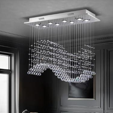 Imagem de MOOONICHE Lustre retangular de gota de chuva, lustre de cristal de montagem embutida, luminária de teto retangular pendente para sala de jantar, ilha de cozinha, sala de estar, C 31,5 × L 11,8 × A27,6
