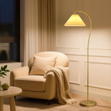 Imagem de Luminária de chão de arco exclusiva, escurecimento brilhante de três cores de 12 W, abajur plissado de 35,5 cm, poste de luz dourado de latão, lâmpada de leitura de canto para sala de estar, quarto