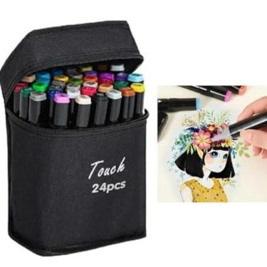 Imagem de Kit Canetinhas Ponta Dupla Coloridas Marcadoras Permanentes Para Colorir Com Estojo e Cores Codificadas - (24 Cores).