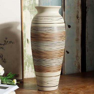 Imagem de Vaso rústico de cerâmica vintage de 32 cm de altura (marrom meio listrado) | Vasos de flores grandes texturizados Boho para decoração de casa, sala de estar, mesa, cornija, prateleira
