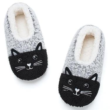 Imagem de Cozylook Pantufas fofas para casa de animais – Meias felpudas e quentes para quarto antiderrapante com designs de rosto divertidos, presentes divertidos de Natal exclusivos, Gato cinza, 9-10