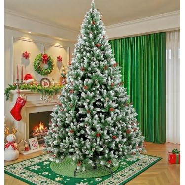Imagem de Árvore de Natal, 2.4M Arvore de Nata 1550 Galhos, Decoração de Natal, Árvore de Natal com Pinhas, Cerejas e Neve, com Base de Metal, (2.4M)