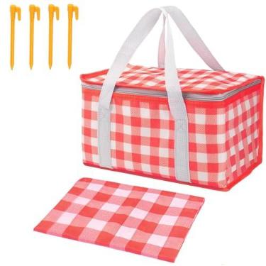 Imagem de Bolsa térmica para piquenique com forro à prova de vazamento, cesta térmica dobrável e reutilizável, inclui tapete de piquenique descartável, alça resistente, ideal para atividades ao ar livre,