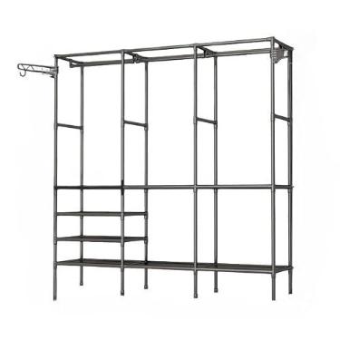 Imagem de Arara De Roupa Com Sapateira Cabideiro De Chão Rack Organizador Multiuso Aço Inox(Preto,Pequeno)