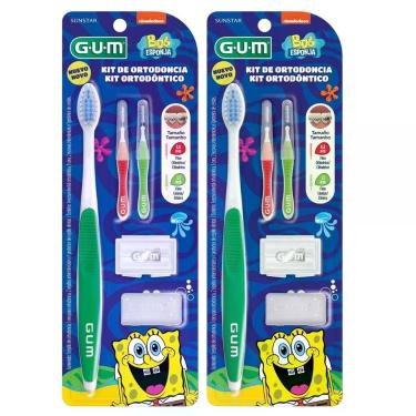 Imagem de Kit Escova de Dente Ortodôntico Gum Bob Esponja para Cuidados com Aparelho Fixo com Acessórios Kit com 2 Unidades