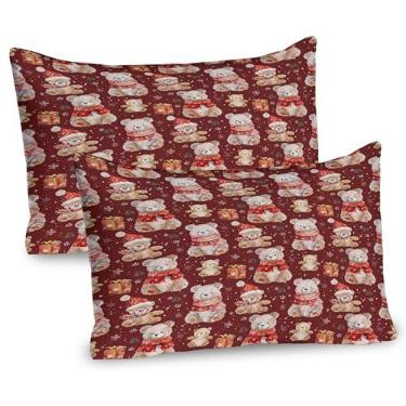 Imagem de Lunarable Conjunto de 2 fronhas de travesseiro de Natal, caixas de presente e flocos de neve com tema de ursinhos de pelúcia, item de cama de microfibra de qualidade para todas as estações, 76 cm x 50