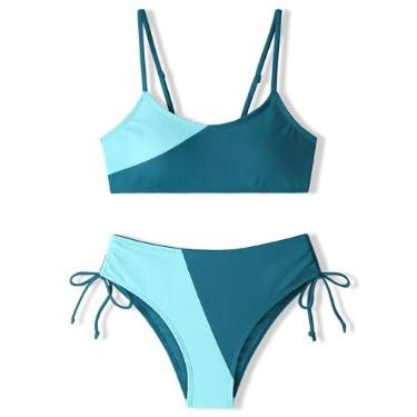 Imagem de FoWear Conjunto de biquíni para meninas, 2 peças, biquíni color block com alça de ombro ajustável, roupa de banho para meninas 7-16 anos, Verde escuro, 13-14 Anos