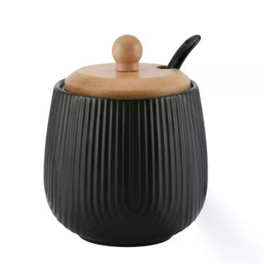 Imagem de Açucareiro Cerâmica Preto Tampa Bambu E Colher 360ml Oásis - Haüskraft