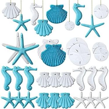 Imagem de Jetec 26 peças de ornamentos de verão com tema de praia e oceano em resina a granel estrela do mar decorativos náuticos costeiros de verão para decoração de casa de banho de árvore