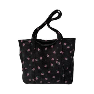 Imagem de Bolsa Tote De Corduroy Com Estampa De Morangos, Grande Capacidade, Fas