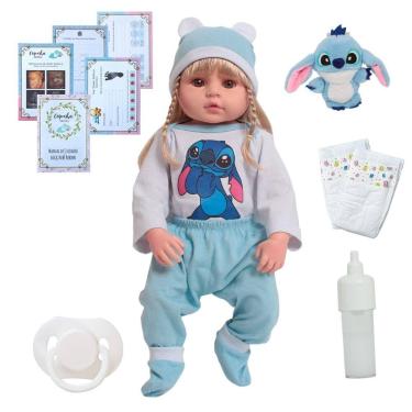 Imagem de Bebê Reborn Boneca Loira Silicone Pode Banho Stitch Pelúcia - Cegonha 