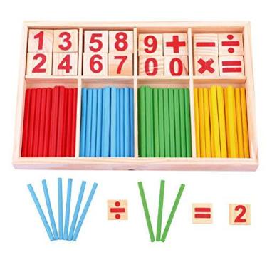 Imagem de Yeaphy Bastões de contagem de letras de números de madeira, bastão de inteligência matemática, blocos de construção, cartões de números de madeira e hastes de contagem com caixa