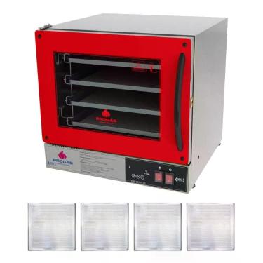 Imagem de Kit Forno Turbo Elétrico Progás Digital Fast Oven PRP-004 G2 Inox com 4 Assadeiras Vermelho 110V