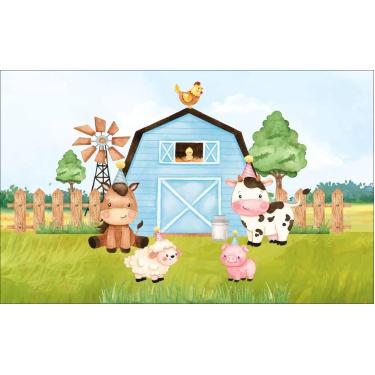 Imagem de Painel de lona Fazendinha Aquarela Animais de Chapéu - Fabrika de Fest