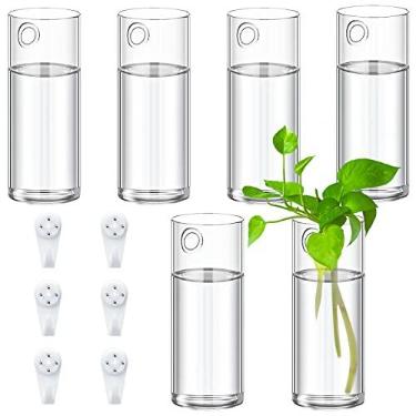 Imagem de 6 peças de vaso de parede de vidro para plantas internas de parede de vidro suporte de recipiente de propagação de plantas com 6 peças de ganchos invisíveis de plástico para plantas hidropônicas jardim suculentas decoração de casamento