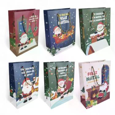 Imagem de Kit 6 Sacolas de Presente Natalina 27cm Papai Noel Natal - MultiA