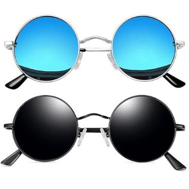 Imagem de Joopin Óculos de Sol Redondo Masculinos Femininos Polarizado, Pequeno Círculo Hippie Vintage Retrô Steampunk Metal Óculos de Sol (Preto + Azul)