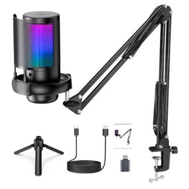 Imagem de Microfone USB Gaming PC, Microfone RGB para PC/Notebook, Mic with Boom Arm, Microphone Condensador de mesa/Braço, Live, Podcast, Gravação de Audio, Karaoke, Gamer Youtuber DJ.