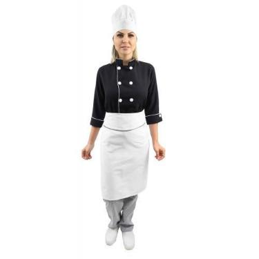 Imagem de Kit chef cozinha feminino Dolmã manga 3/4 + Avental branco + Chapéu br